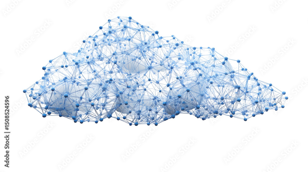 Poster cloud computing network is connecting nodes in a cloud shape on a transparent background, symbolizin
