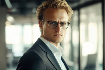 Closeup portrait of a young confident European businessman at office. 