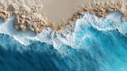 Fototapeta premium Aerial view of waves crashing on a sandy beach. Turquoise waters meet the shore, creating a dynamic and picturesque coastal scene. Nature's power and beauty converge.