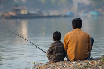 Father and Son Fishing Together Riverbank Serenity Family Moments on transparent background