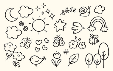 set of cute nature element childern's hand-drawn style, scribble doodle illustration with brush stroke, set of sign and symbol such as sun moon bird butterfly flower leaf