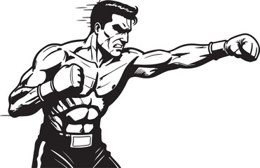 Fototapeta premium Powerful Boxer Punching Black and White Illustration