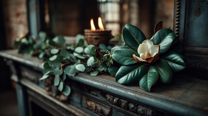 Rustic Magnolia Mantelpiece Decor with Candles, and Greenery.