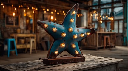 Rustic Starfish Lamp with Vintage Decor, and Shop Interior.