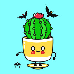 Kawaii Cactus character embracing spider, surrounded by flying bats, creating playful halloween themed graphic design element