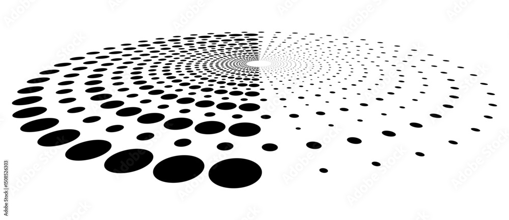 Poster Abstract halftone dotted circle advertising background or design element. Optical illusion effect. Creative halftone spiral polka dots vector in perspective view.