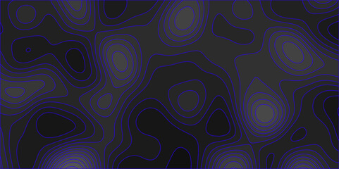 Abstract blue and black background with Topographic line map pattern. abstract wavy and curved lines background. linear map. Dark seamless design. Bold tile able pattern. Vector illustration.