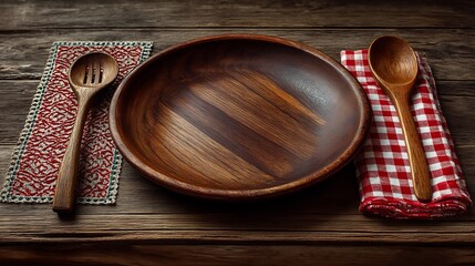 Rustic Wooden Bowl Table Setting with Dinnerware.