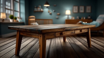 Rustic Wooden Coffee Table with Baby Room, and Interior Design.
