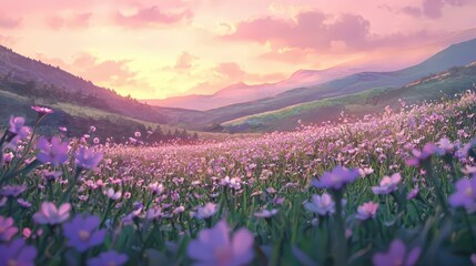 Fototapeta premium Vibrant sunset over flowering fields serene landscape nature scene peaceful environment aesthetic viewpoint