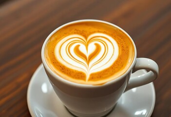 Aromatic cappuccino, espresso shot, heart & leaf crema art,  hot drink,  beverage photography
