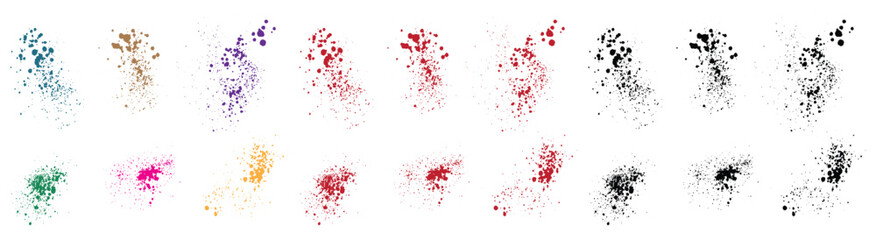 Grunge texture set of vector blue, pink, orange, purple, wheat, green, red, black bloodstain ink splatter illustration