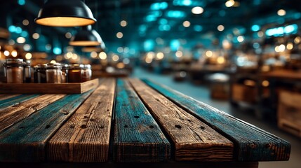 Rustic Wooden Table with Night Market, and Food Background.