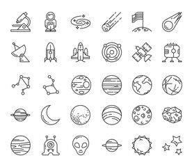 Spacethemed icons in outline microscope astronaut planets stars etc Simple linear style