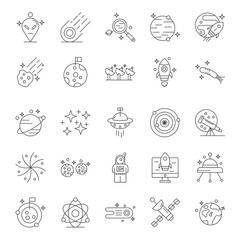 A collection of 25 spacethemed line art icons in a grid pattern