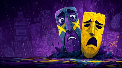 Sad Masks Rain City Night Illustration.