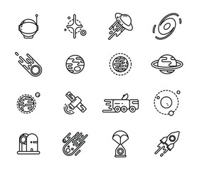 Sixteen simplistic space icons arranged in a square matrix on a white background