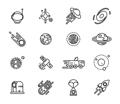 Sixteen simplistic space icons arranged in a square matrix on a white background