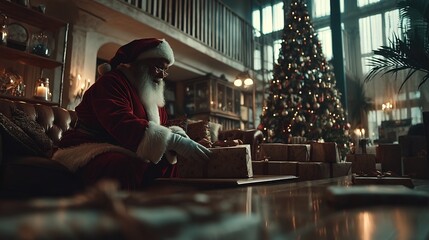 Santa Claus Wrapping Gifts Christmas Eve Mansion.