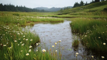 Obraz premium Serene landscape featuring a calm stream surrounded by wildflowers in a lush valley during a cloudy day