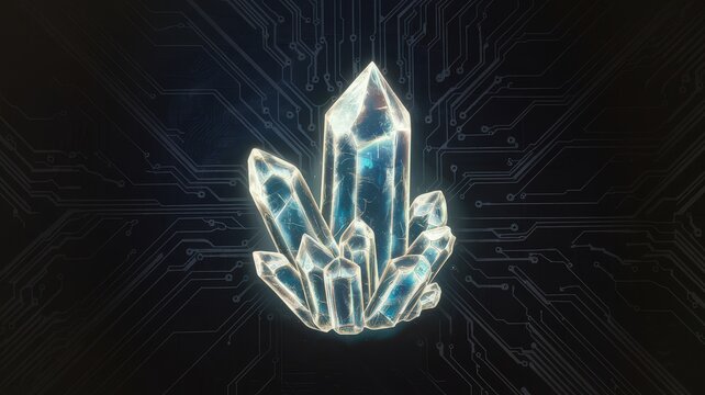 Glowing crystal cluster digital realm 3d render futuristic environment close-up view artistic concept