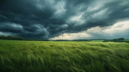 Dramatic storm clouds above a green field, capturing the beauty and power of nature in a serene landscape.