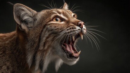 Fototapeta premium Feline Ferocity: A lynx shows its menacing side with an open mouth and bared fangs, captured in a dramatic studio shot.