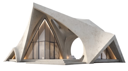 Modern architectural rendering featuring a futuristic concrete building with a unique triangular glass facade and sleek lines, perfect for design projects