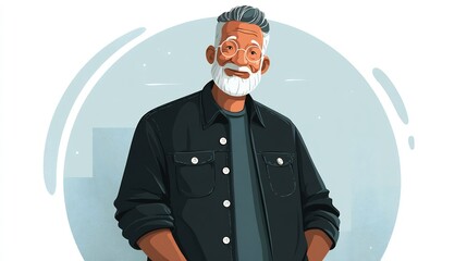 Senior Man Portrait with City Background, and Illustration.