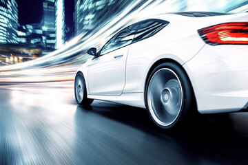 Obraz premium Car speeds through street captured from a low angle with motion blur at dusk