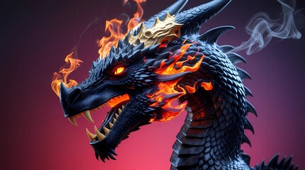 Fiery Black Dragon with Glowing Eyes and Flames in a Fantasy Scene