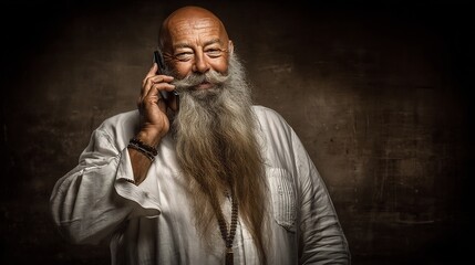 Senior Man Talking Phone with Studio Portrait, and Wisdom.