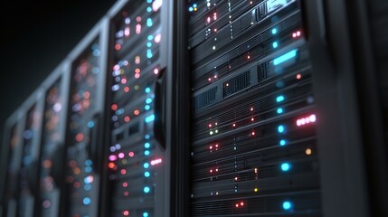 Naklejka premium Data Center Servers: Close-up view of server racks with blinking lights, representing data processing and storage in a technologically advanced environment.