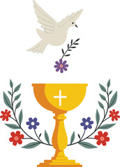 Elegant golden chalice with dove and floral decoration. Christian first communion or religious celebration symbol