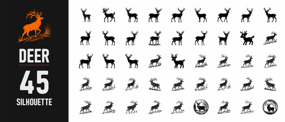 Naklejka premium 45 Deer Silhouette Artworks Black and White Artistic Collection
