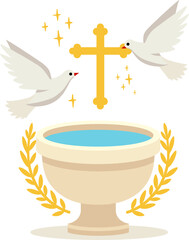 Illustration of a baptism scene with a golden cross, a baptismal font filled with water, two white doves flying above, and decorative yellow branches