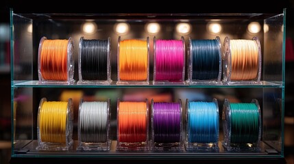 Display of colorful thermoplastic filament on spools. Used in 3D printers, these plastics come in a variety of colors and materials.
