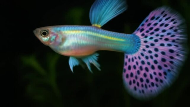 Ultra high-resolution macro videography of champion show-grade guppy fish with pastel aquamarine, pink, purple, and leopard spots, flowing fins, black background, cinematic lighting