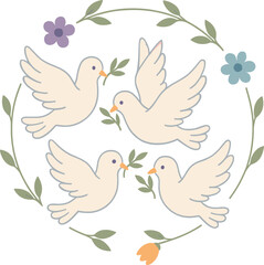 Obraz premium Illustration of four white doves with olive branches flying inside a circular floral wreath.