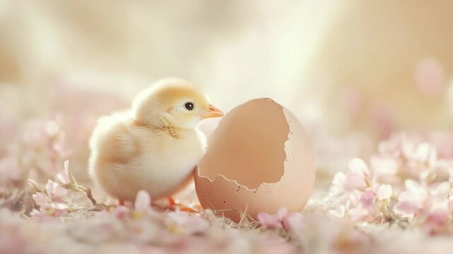 Fluffy yellow chick stands beside a broken eggshell on a soft bed of spring flowers in warm pastel light.