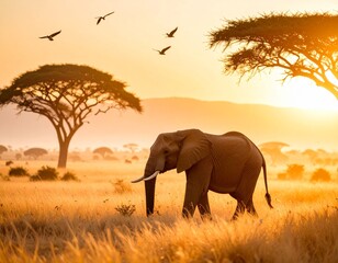 Naklejka premium Alone elephant walking gracefully through a golden savanna at sunrise, surrounded by tall grass and acacia trees, with birds flying in the background