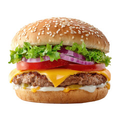 Juicy cheeseburger with sesame bun isolated on transparent background