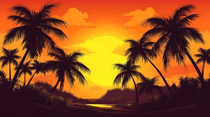 Obraz premium Tropical sunset silhouette scene with palm trees.