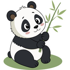 baby panda with bamboo stick in flat color block editable vector illustration © Dagger505