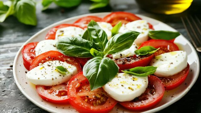 Classic caprese salad made of sliced tomatoes, fresh mozzarella, and green basil leaves, seasoned with olive oil and pepper.