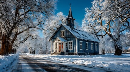 Snowy Winter Church Landscape with Frosty Trees, and Road.