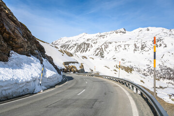 Bernina Pass on a sunny early spring day. Switzerland.