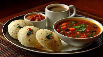 South Indian Breakfast Idli with Sambar, and Coffee.