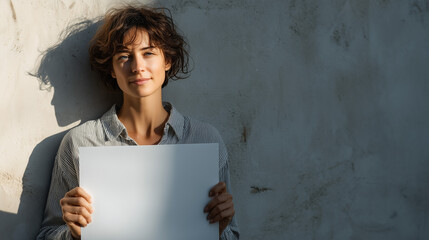 Latin American woman in casual modern attire standing peacefully holding a blank protest sign