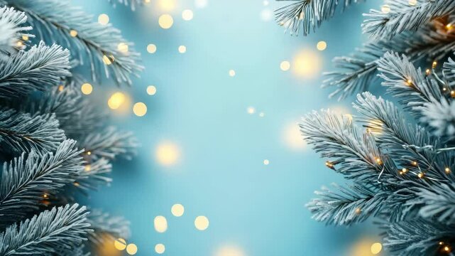 Frosted pine branches with golden fairy lights frame a soft blue background with glowing bokeh and snow particles.